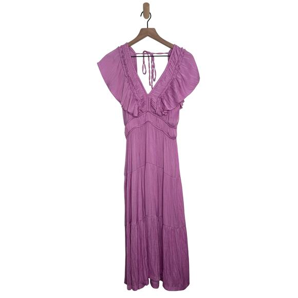 Joie Satin Midi Dress Purple Smocked Ruffle V Neck Womens Medium - Picture 1 of 8